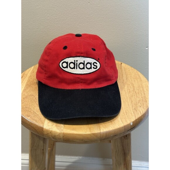 Vintage Adidas Red Black Hat 90s Circle Logo Hat Snapback Cap‎ Mens - Picture 1 of 5